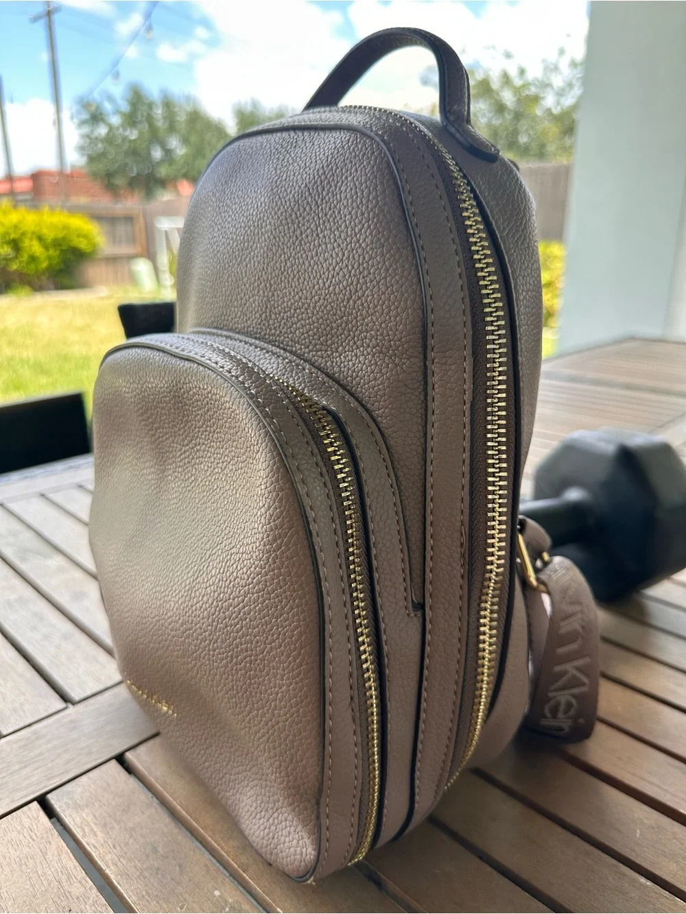 Calvin Klein Pebbled Leather Backpack in Taupe
